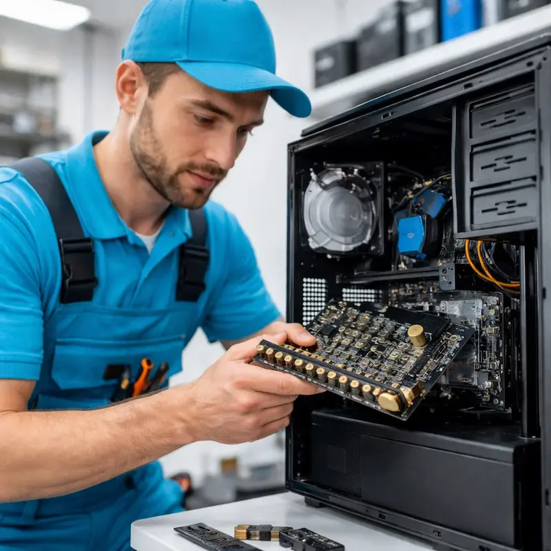 Мастер устанавливает звуковую карту на ПК в Пышме